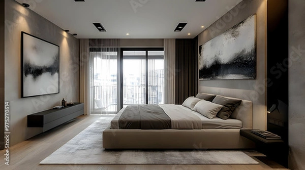 Fototapeta A modern bedroom with a large bed, two abstract paintings, a balcony, and a view of the city.