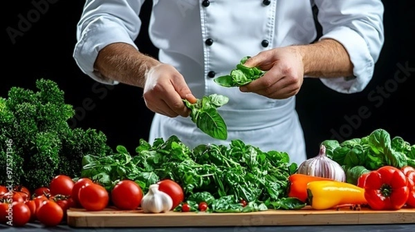Fototapeta A chef prepares a fresh salad, combining basil, tomatoes, garlic, and bell peppers with expert care.