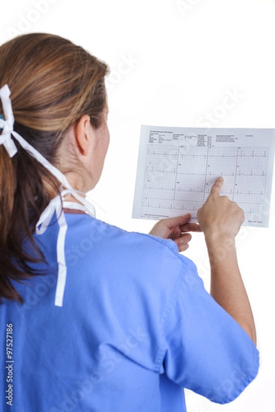 Fototapeta lab technician in scrubs and mask holding EKG results shot from the back on a white background portrait close-up