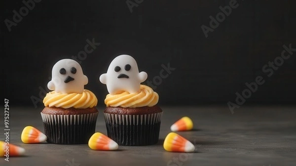 Obraz Baking Halloween-themed cupcakes with creative designs, featuring candy corn and ghost decorations, Halloween treats baking, fun and spooky