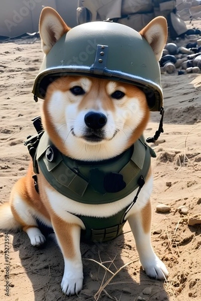 Fototapeta Shiba Inu dog in world war 3 wearing protection armor. survival for fittest. Generative AI