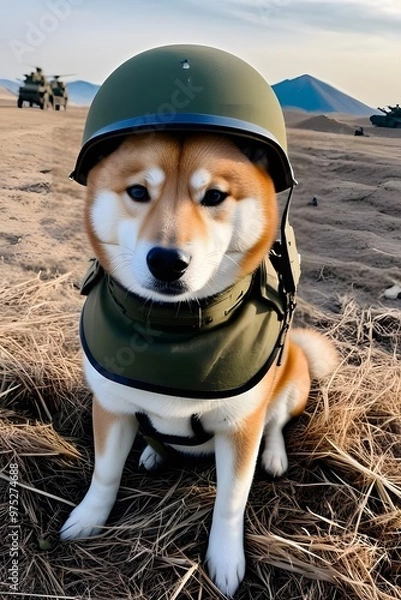 Fototapeta Shiba Inu dog in world war 3 wearing protection armor. survival for fittest. Generative AI