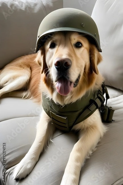 Fototapeta Golden Retriever  dog in world war 3 wearing protection armor. survival for fittest. Generative AI