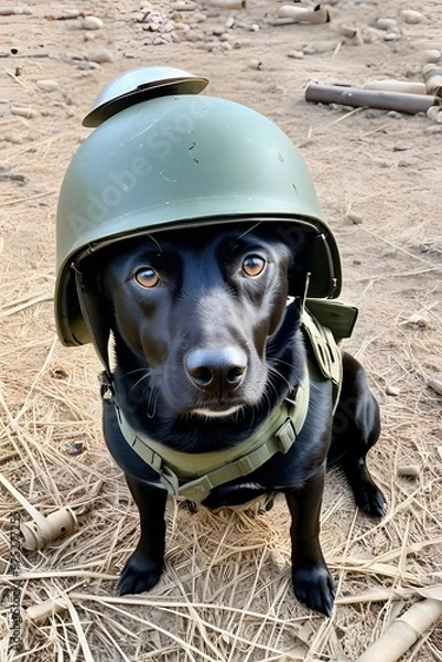 Fototapeta black dog in world war 3 wearing protection armor. survival for fittest. Generative AI