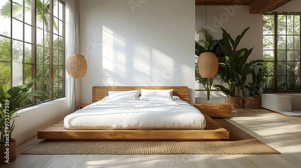 Fototapeta A modern bedroom with a wooden platform bed, white linens, and large windows overlooking a tropical garden.