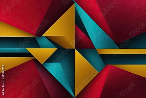 Fototapeta Dynamic Abstract Geometric Background in Bold Crimson Cyan and Mustard Featuring Sharp Edges and Radiant Texture