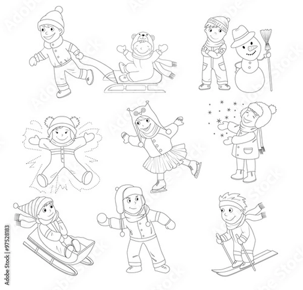 Fototapeta A collection of vector illustration of happy kids playing in snow and having winter fun. Outlines only for a coloring book, There is also a colored version of this illustration.