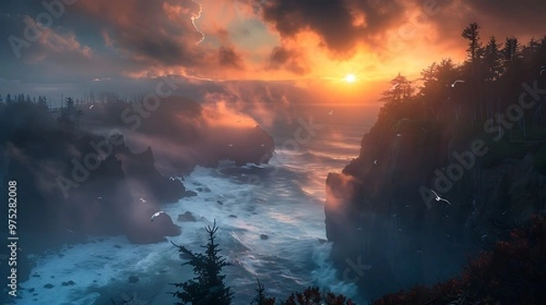 Fototapeta Dramatic Sunset Over Coastal Cliffs with Misty Ocean and Flying Birds