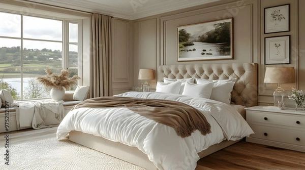 Fototapeta A spacious bedroom with a large window overlooking a lake and mountains.  The bed is made with white linens and a brown throw blanket. There is a rug on the floor and two bedside tables with lamps.