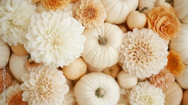 Fototapeta A top-down arrangement of small white and orange pumpkins with cream dahlias and roses, capturing the essence of fall with warm, soft hues and natural textures perfect for autumn decor