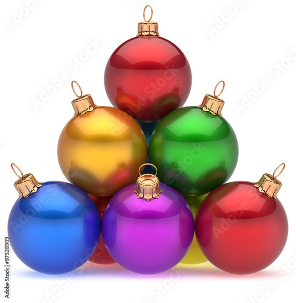 Obraz Christmas balls pyramid multicolored red leader on top New Year's Eve bauble group decoration colorful. Order hierarchy Happy Merry Xmas wintertime holidays celebration greeting card. 3d render