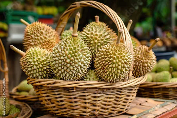 Obraz Basket filled with fresh durians, sharp spikes on rind, pungent aroma captured