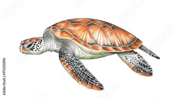 Fototapeta Beautiful sea turtle gracefully gliding through the ocean. The turtle’s detailed shell and gentle movements are captured in a serene underwater scene,