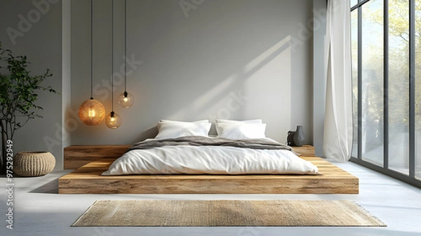 Fototapeta Minimalist bedroom with wooden platform bed, white bedding, and large windows overlooking a green garden.