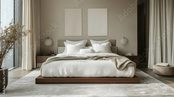 Fototapeta Modern bedroom with a king-size bed, white linens, and two blank canvases above the headboard.
