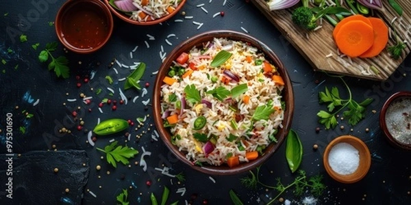 Fototapeta Aerial perspective of stir-fried rice featuring cottage cheese, accompanied by onion salad and vegetable pilaf.
