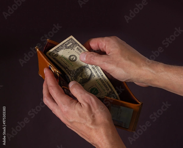 Fototapeta Male hands hold open an old wallet with one dollar