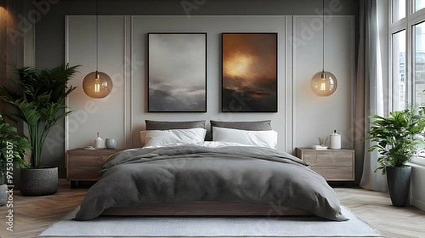 Fototapeta Modern bedroom with gray walls, wooden floor, two lamps, two paintings, a bed with brown bedding, white pillows and two plants.
