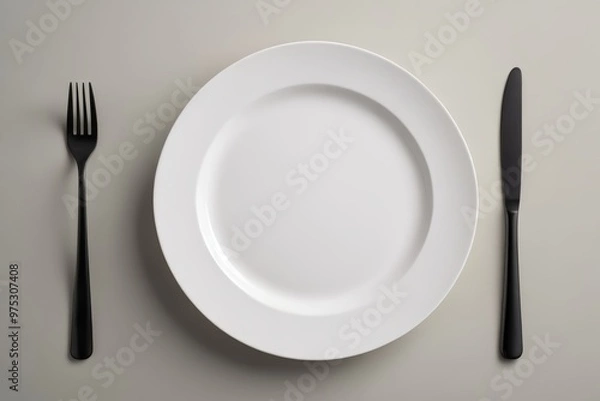 Fototapeta a white plate with a fork and knife                             