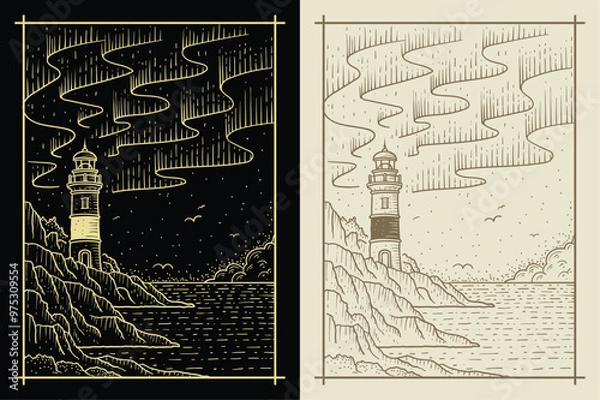 Obraz Lighthouse and beach landscape  , illustration with esoteric, spiritual, geometric, astrology, magic themes