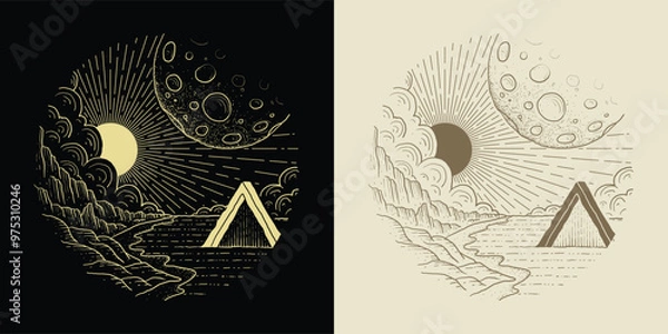 Fototapeta Gate on Another Planet in Hand Drawn Engraving and Pointillism Style