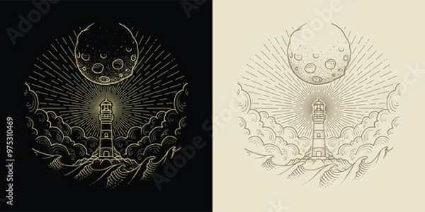 Fototapeta Lighthouse in the middle of the sea with waves and storm clouds, illustration with esoteric, boho, spiritual, geometric, astrology, magic themes