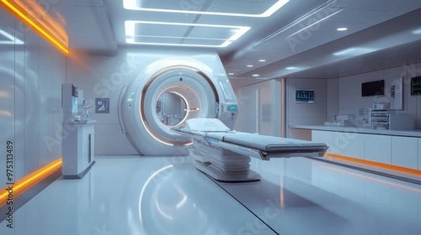 Fototapeta Futuristic medical room with MRI scanner and examination table.