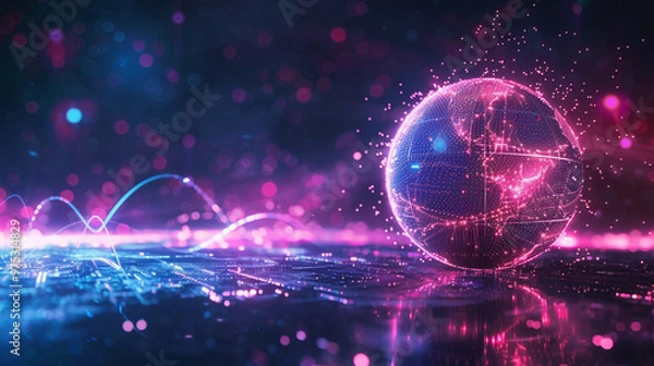 Fototapeta Neon globe sphere shiny stardust light. 3D world light illustration