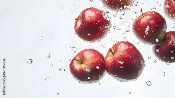 Fototapeta Fresh apples caught in freefall against a clean white backdrop