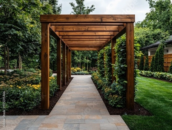 Fototapeta Wooden Pergola Pathway Through Lush Garden A Low Angle View of a Stone Pathway Framed by a Brown Pergola and Greenery