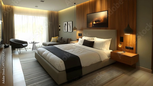 Obraz Modern hotel room with a king-size bed, nightstands, a couch, a chair, and a large window with curtains.