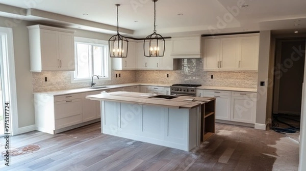 Fototapeta A kitchen island with a wooden countertop and a light wood floor, is surrounded by white cabinets and a stainless steel range.