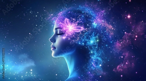 Fototapeta Profile of a woman with glowing lines resembling a galaxy in her mind against a blue and purple starry night sky.