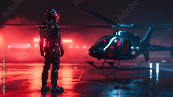 Fototapeta Futuristic Robot Pilot Standing Beside Helicopter on Illuminated Airfield