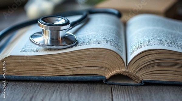 Fototapeta Stethoscope on Open Medical Book: Minimalist Healthcare Image 1