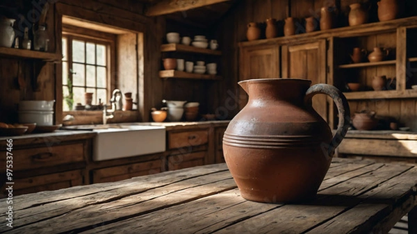 Fototapeta Clay jug sitting on a weathered wooden table in a rustic kitchen