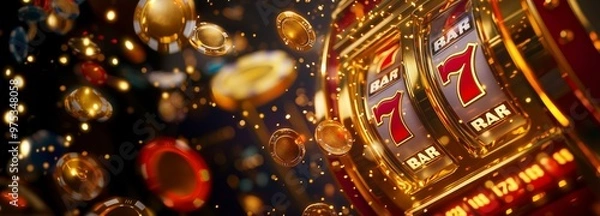 Fototapeta Casino slot machine jackpot winner, big win 777 casino slots with casino chips illustration in gold background concept. Generative AI
