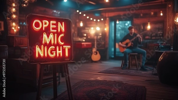Obraz Sign that reads “OPEN MIC NIGHT” - person sitting on a stool and performing in blurred background - bar - club 