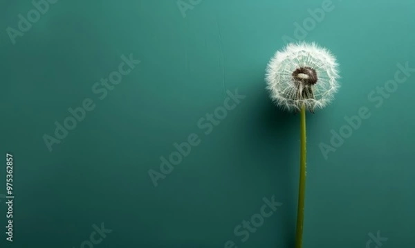 Fototapeta A minimalist shot of a single, white dandelion puff against a vibrant green background