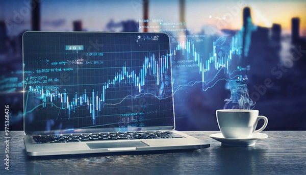 Fototapeta Close up of laptop on desktop with coffee cup and creative forex chart, candlestick graph