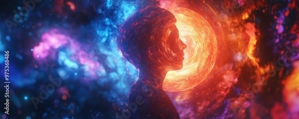 Fototapeta A surreal silhouette of a person set against a vibrant cosmic backdrop, merging elements of space and human emotion.