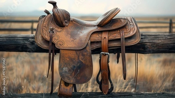 Fototapeta A simple, brown leather saddle resting on a fence under open skies