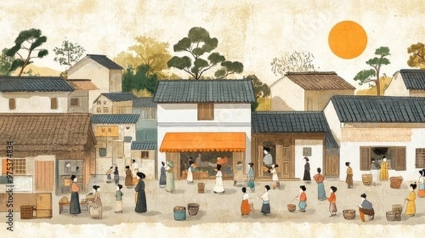 Fototapeta A painting of a busy market scene with people carrying baskets