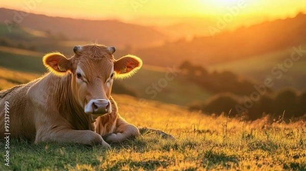 Fototapeta Asturian Mountain cattle cow lounging in the golden glow of sunset, with lush green grass and a tranquil national park setting in the background.