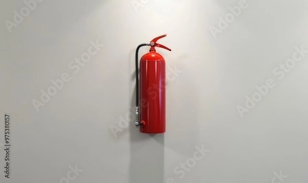 Fototapeta A simple, red fire extinguisher mounted on a stark, white wall