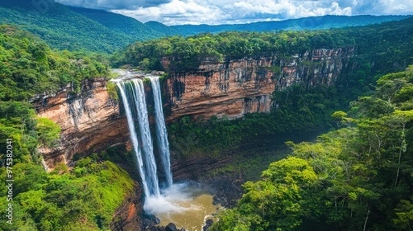 Fototapeta Stunning waterfall cascading down colorful cliffs, surrounded by lush forests, perfect for adventurers and nature lovers