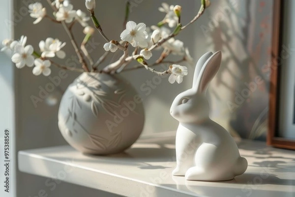 Fototapeta A simple, white porcelain bunny figurine on a light grey shelf
