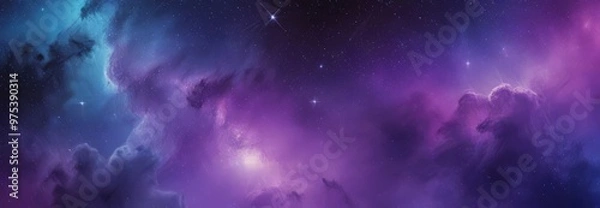 Fototapeta a cosmic scene with a star-filled sky, a nebula, and a galaxy. The nebula is a swirling cloud of gas and dust, with the star at the center appearing as a bright, luminous