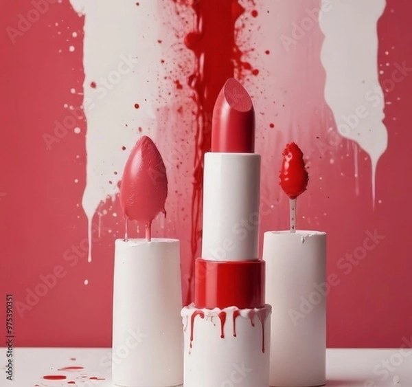 Fototapeta Three red lipstick tubes with white and red accents are arranged on a white surface, with red paint splatters and drips around them.