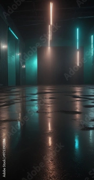 Fototapeta a dimly lit, industrial-looking room with a glossy, wet floor reflecting the light from the ceiling and neon lights.